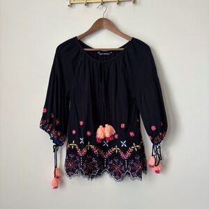 KAS New York Black Floral Embroidered Blouse Small Boho Festival